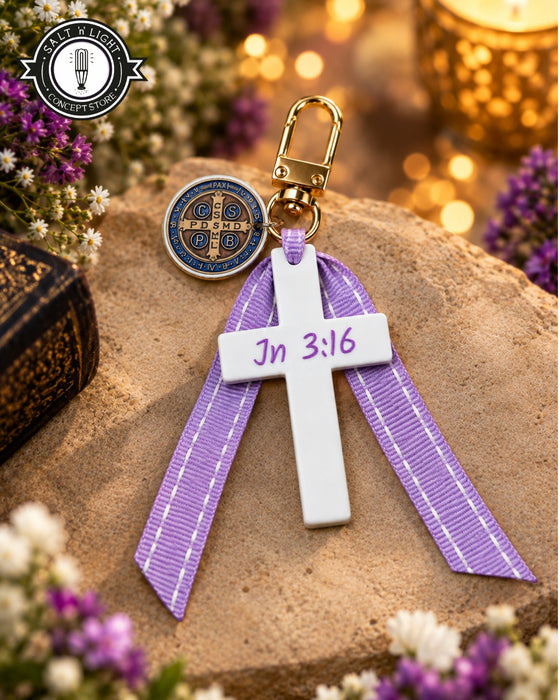 Lavender John 3:16 Cross | Bag Charm | Benedictine medal