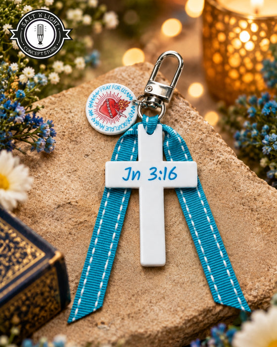 Blue John 3:16 Cross | Bag Charm | Immaculate Heart medal