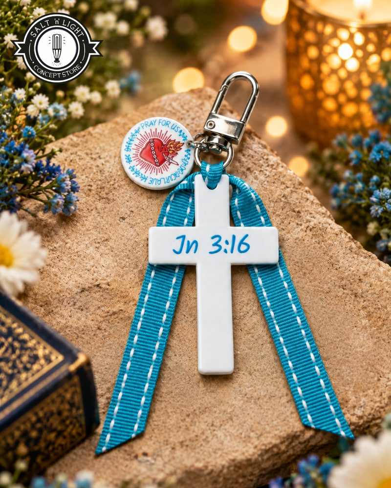 Blue John 3:16 Cross | Bag Charm | Immaculate Heart medal