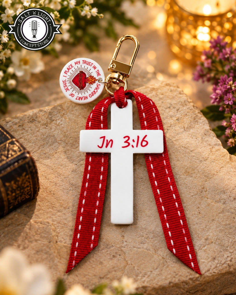 Red John 3:16 Cross | Bag Charm | Sacred Heart medal