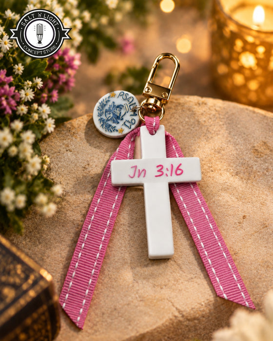 Pink John 3:16 Cross | Bag Charm | Guardian Angel medal