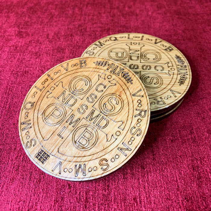 Benedictine Medal Engraved wooden coasters